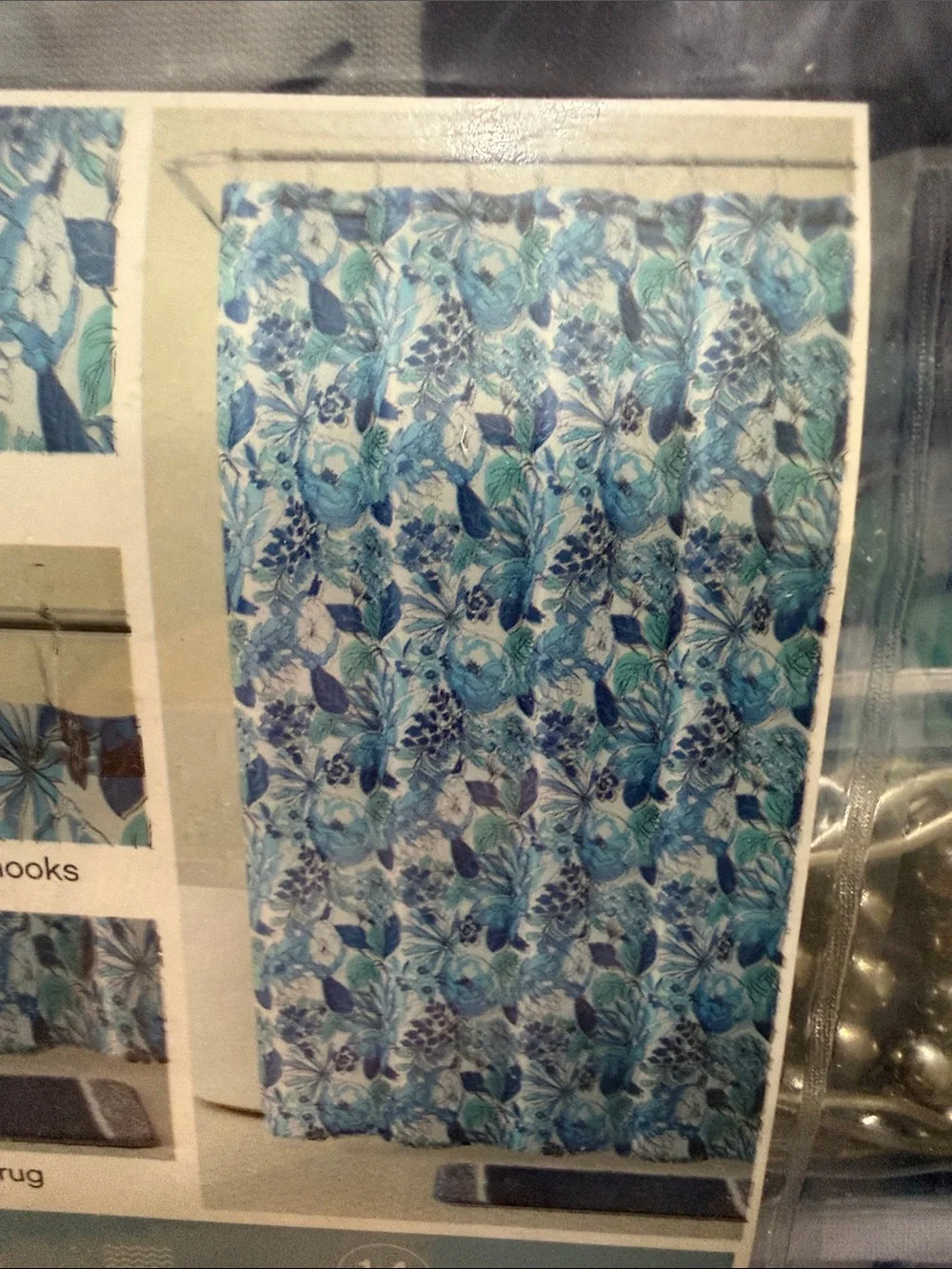 Floral Blue Shower Curtain Set with Hooks - Blue